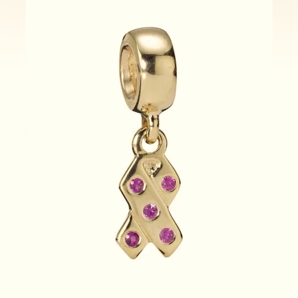 PANDORA 14K SOLID GOLD BREAST CANCER RIBBON PINK CHARM SAPPHIRE DANGLE 750342PSA